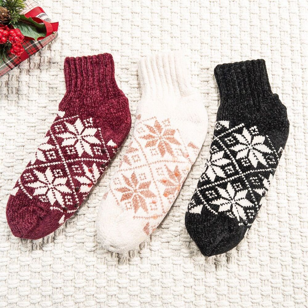 Snuggle Feet 3 Pack Women's Fair Isle Chenille Sherpa-Lined Booties Cozy Winter